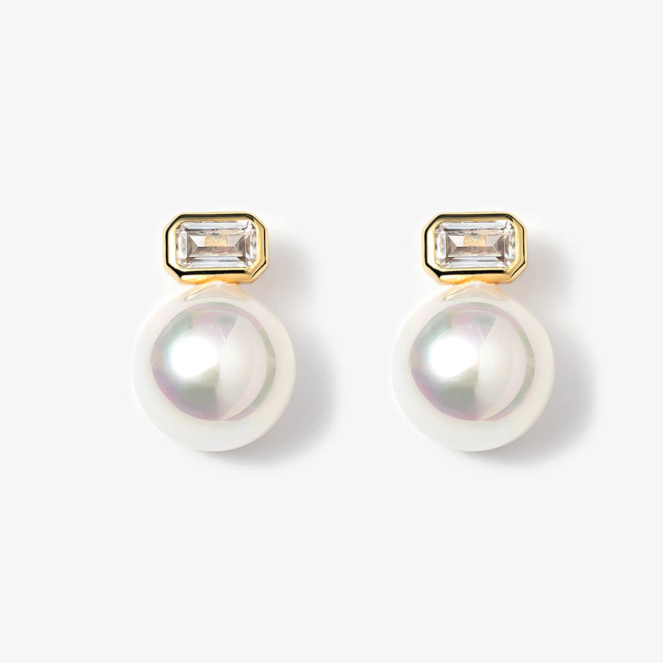Baguette & Pearl Stud Earrings – Waterproof, Gold-Plated Elegance