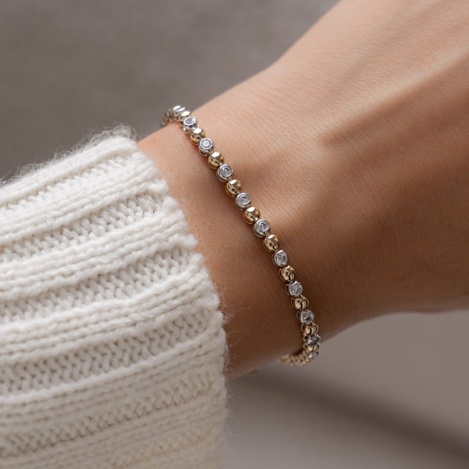 Two Toned Silver Bead & Bezel Tennis Bracelet